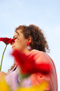 Boucles d'oreilles - Les double pâquerettes rose et rouge