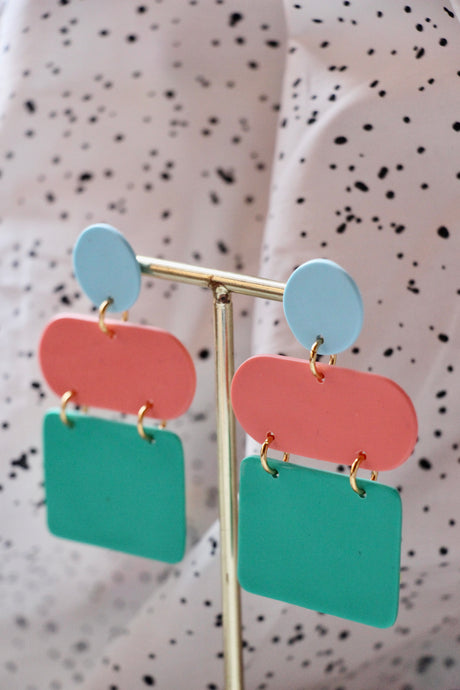 Boucles d'oreilles - Les Dona tricolore vert 80's saumon et bleu